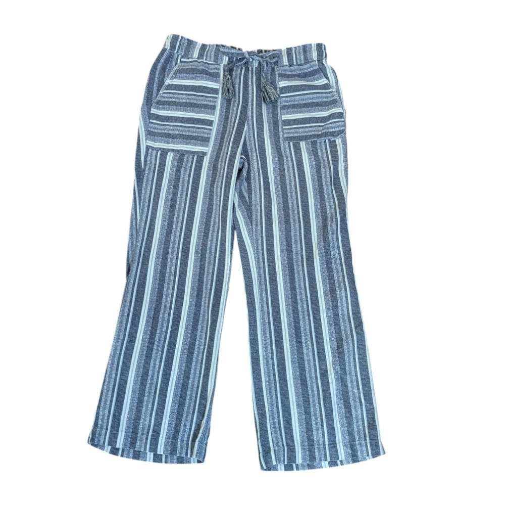 Beau/Dawson Linen Blend Comfy Casual Striped Blue and White Capri Pants Sz S - Picture 6 of 8